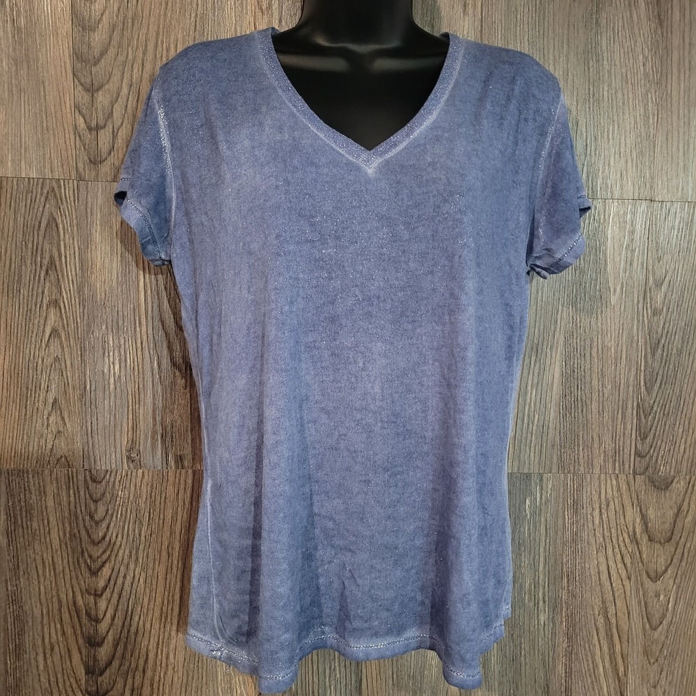 Tina Stephens Metallic Blue T-Shirt Size L** Casual V-Neck Beach Made in Italy